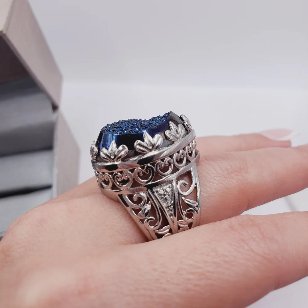 Pear Shaped Blue Druzy Scroll Design Statement Ring